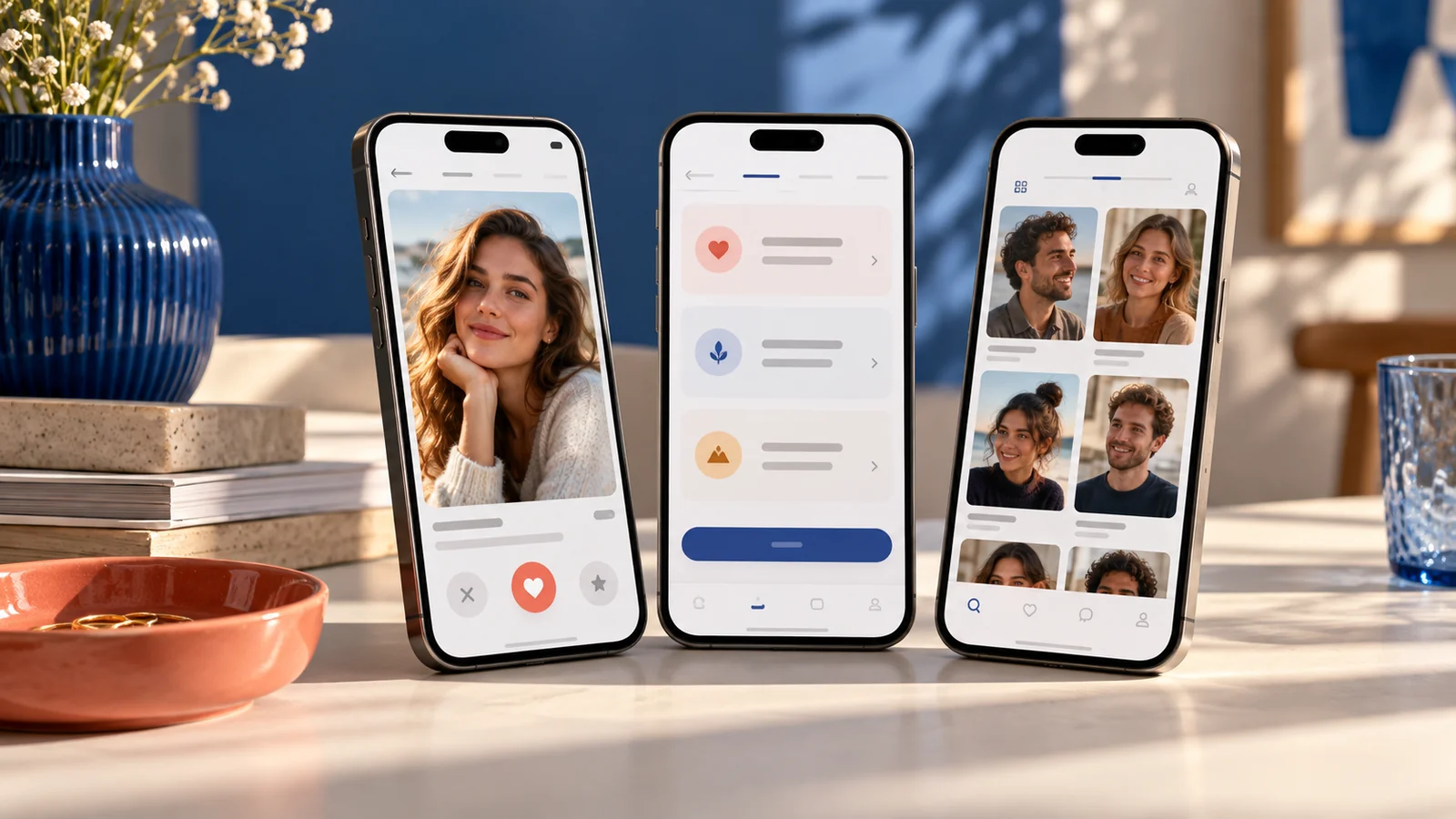 Drei Smartphones mit abstrahierten Profilansichten auf einer blauen und korallfarbenen Fläche.