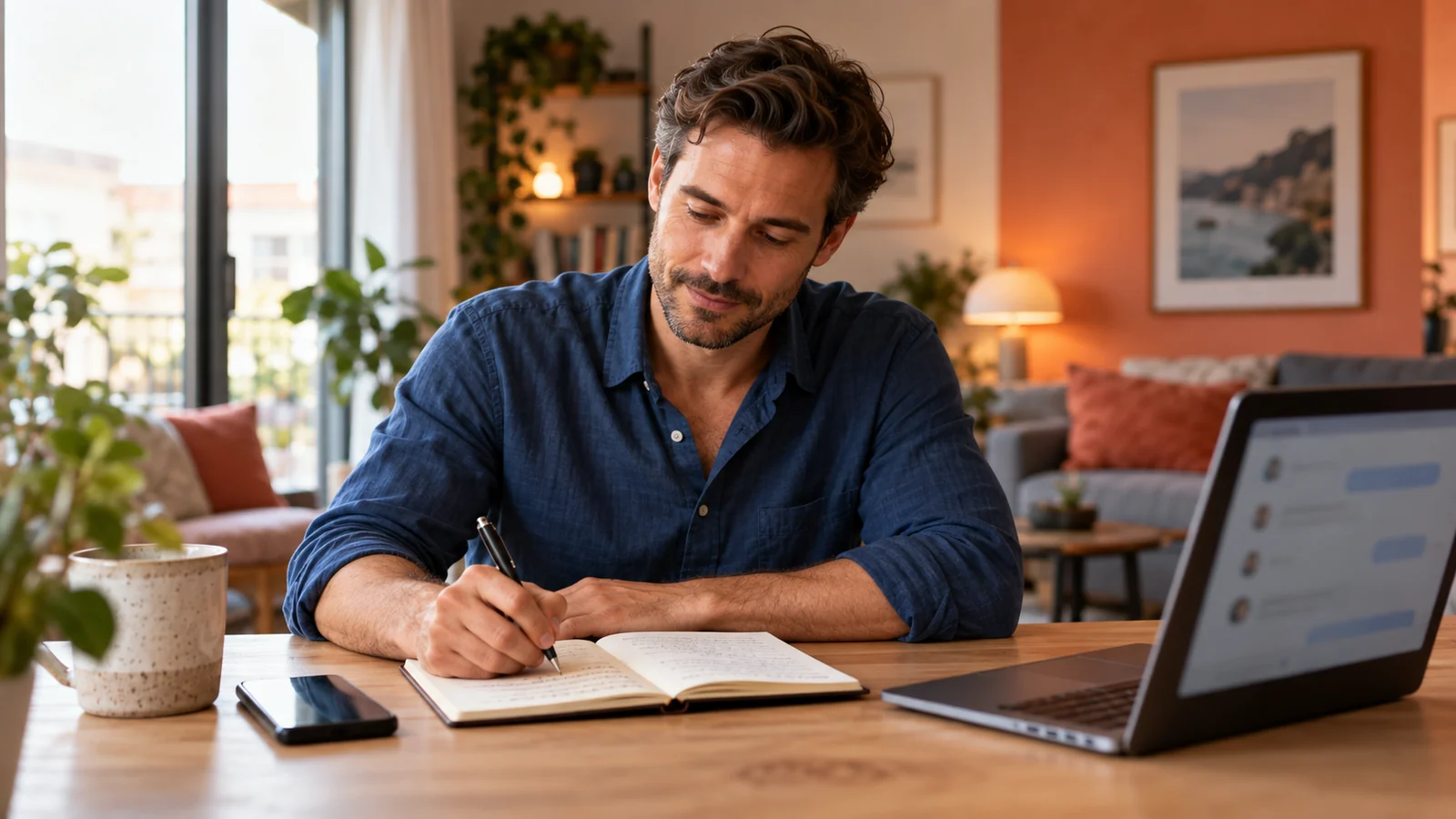 Mann schreibt in ein Notizbuch; daneben stehen ein Laptop mit unscharfer Textansicht und ein umgedrehtes Smartphone.