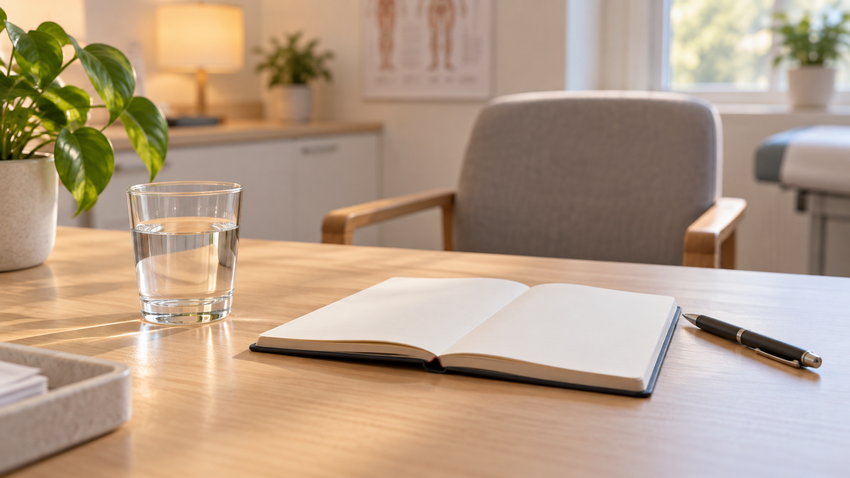 Notizbuch, Stift und Wasserglas auf einem hellen Beratungstisch