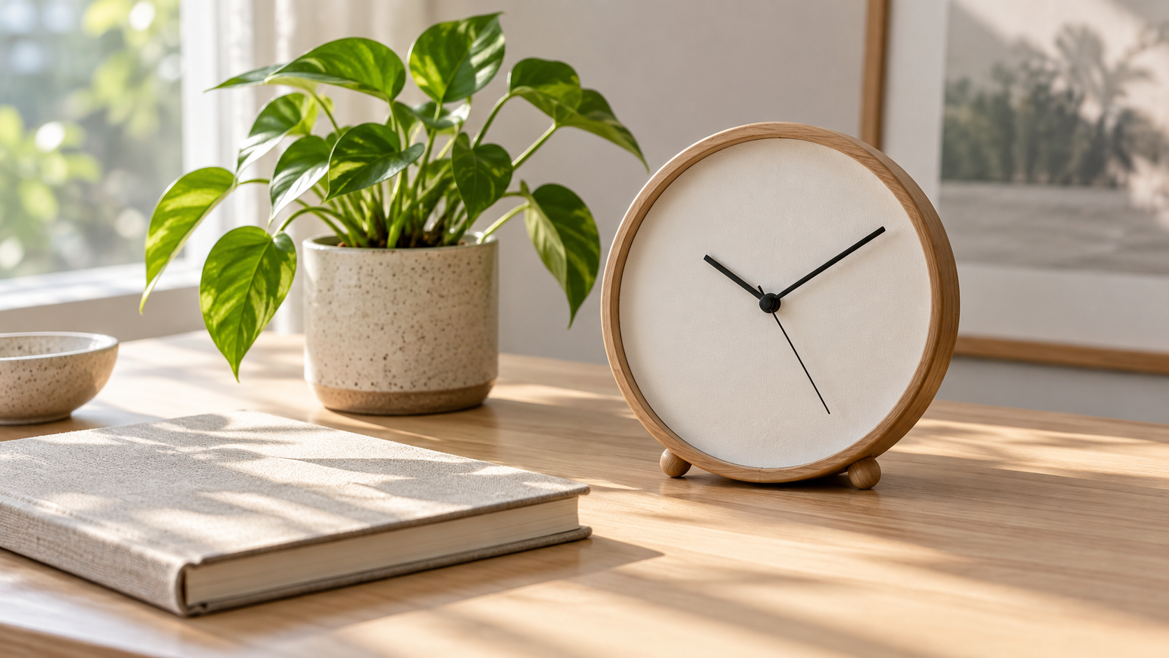 Schlichte Uhr neben einer Pflanze und einem geschlossenen Notizbuch