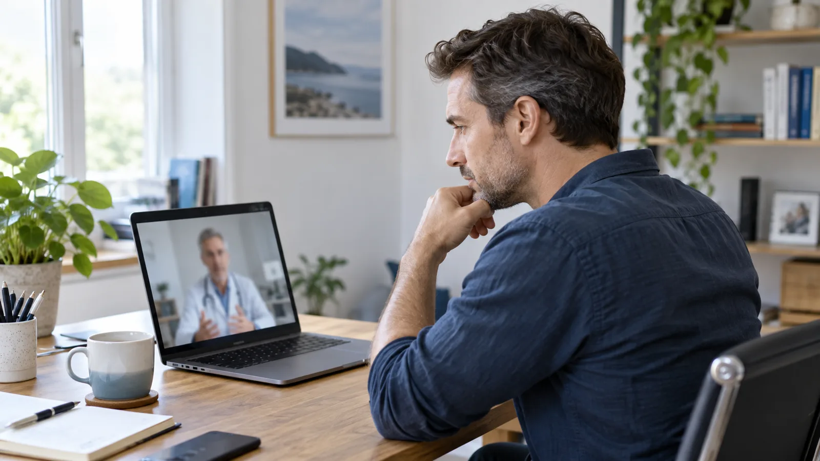Mann nutzt eine vertrauliche ärztliche Videosprechstunde zu Männergesundheit