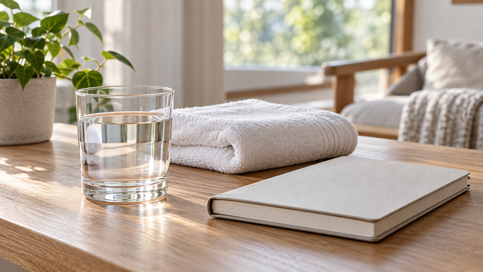 Wasserglas, gefaltetes weißes Handtuch und geschlossenes Notizbuch auf einem Holztisch