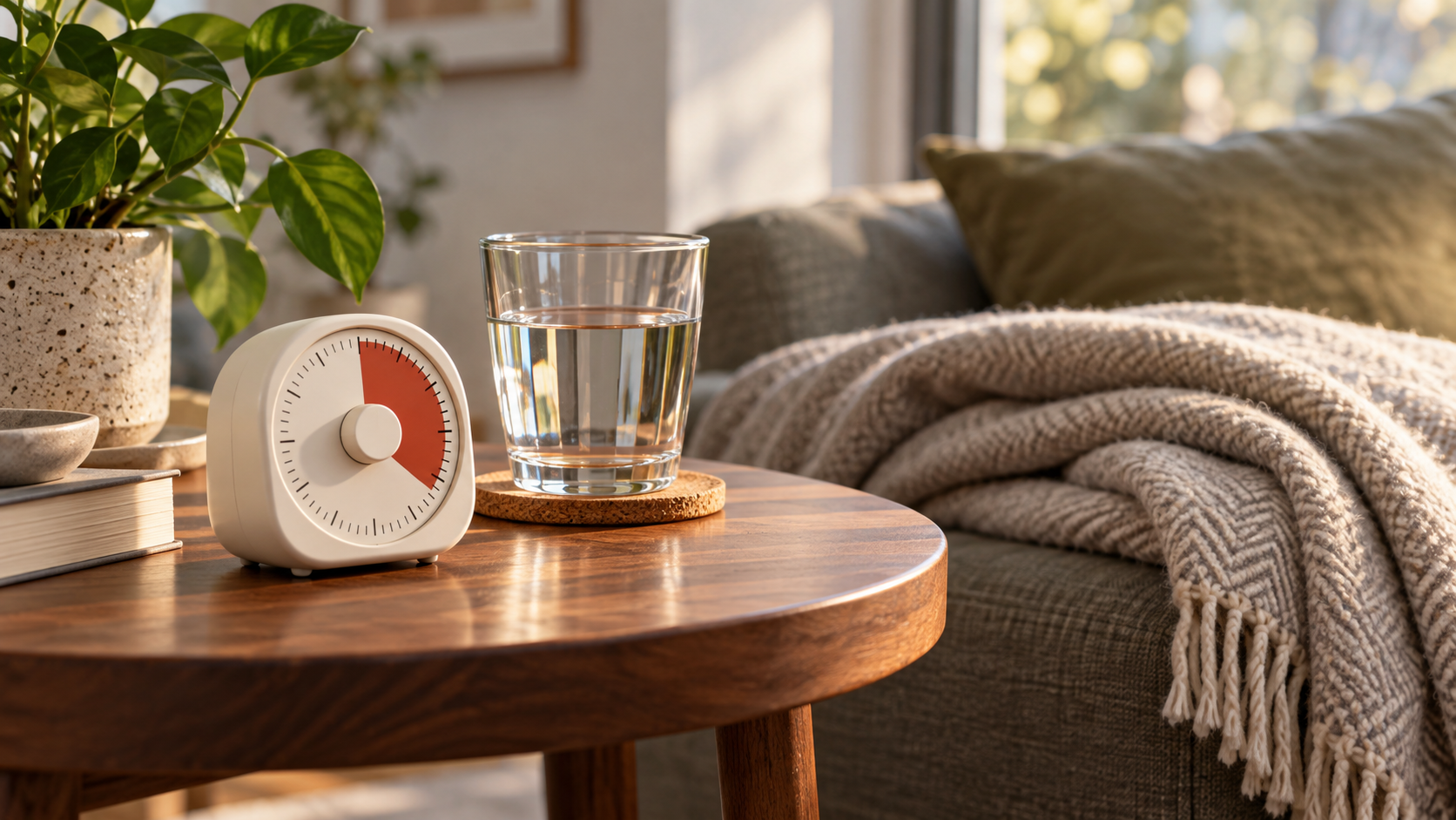 Schlichter Timer neben einem Wasserglas und einer gefalteten Decke als Symbol für eine Pause