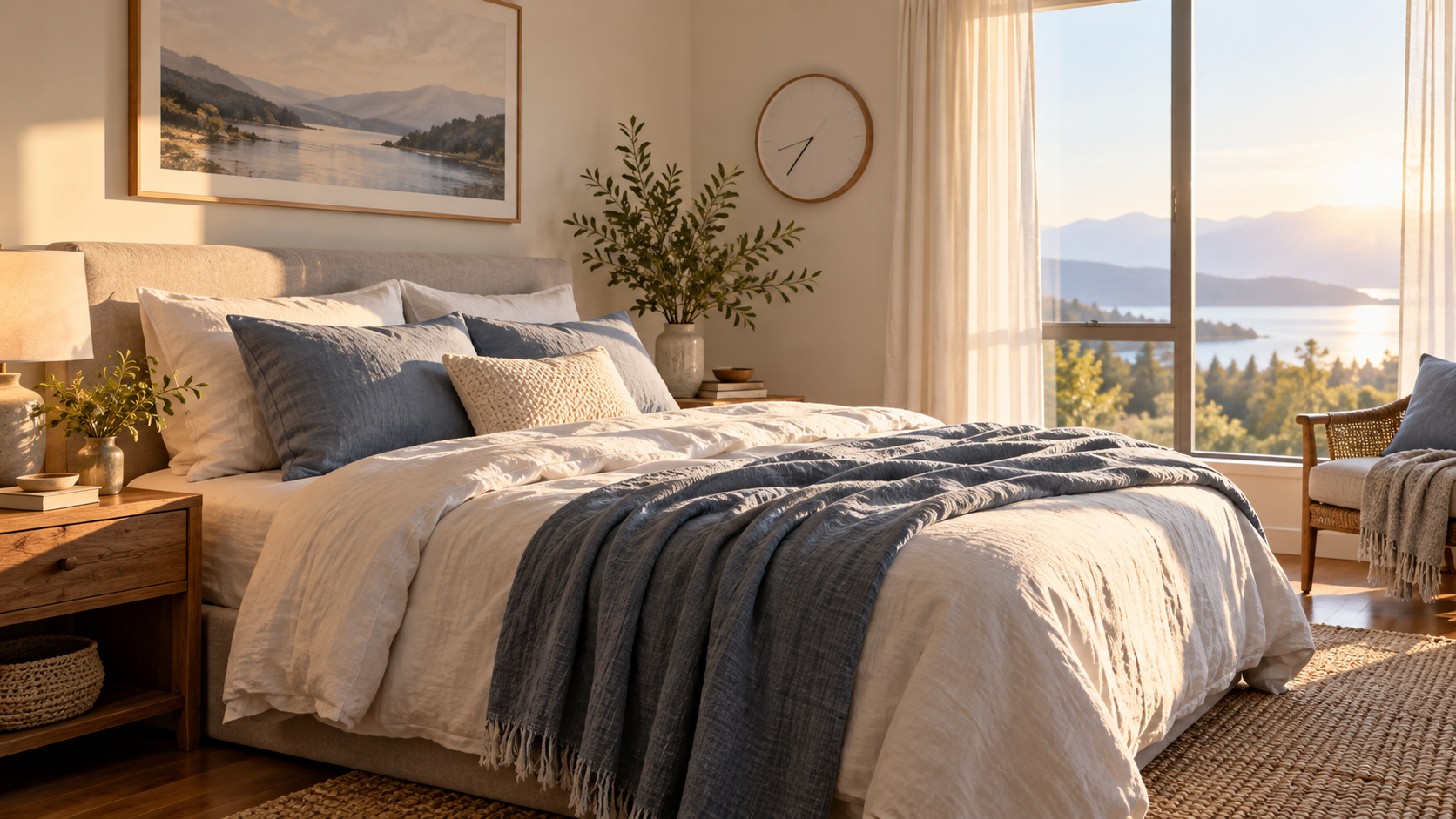Helles ruhiges Schlafzimmer mit geöffneten Vorhängen im Morgenlicht